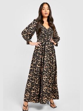 Boohoo Black and Tan Animal Print Long Sleeve Dress